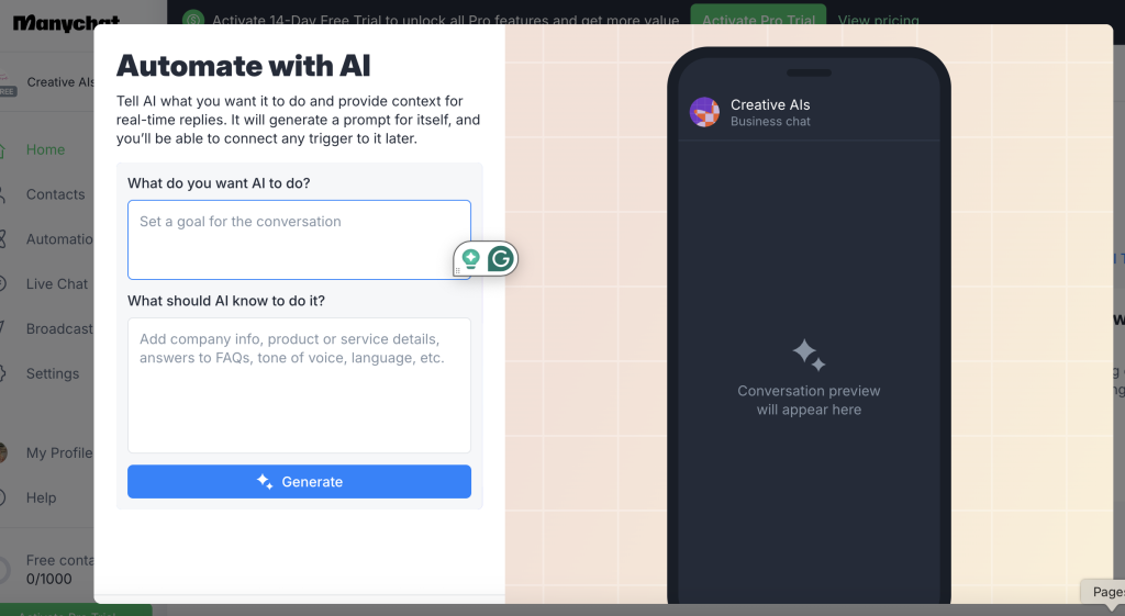 Screenshot of the ManyChat AI interface with fields for automating responses: "Set a goal for the conversation" and "What should AI know to do it?" accompanied by instructions to add context such as company info, FAQs, and tone of voice, with a "Generate" button at the bottom.